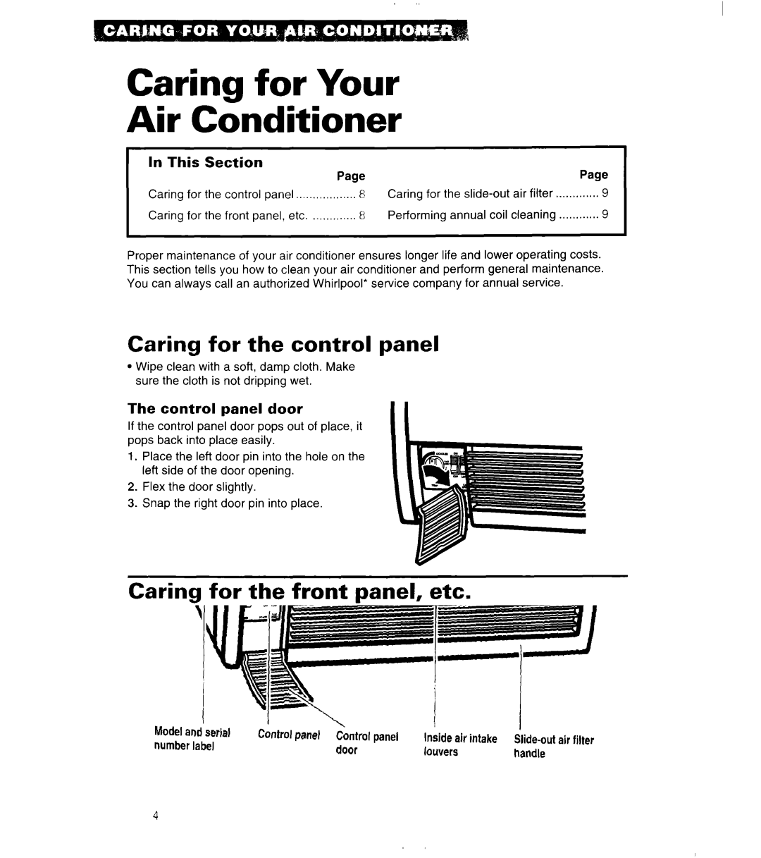 Whirlpool 3QACM07XD2 Caring for Your Air Conditioner, Caring for the control panel, Caring for the front panel, etc 