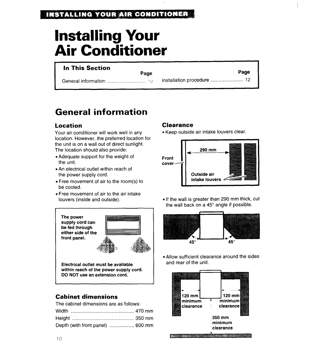 Whirlpool 3QACM07XD2 Installing Your Air Conditioner, General information, In This, Section, Location, Cabinet dimensions 
