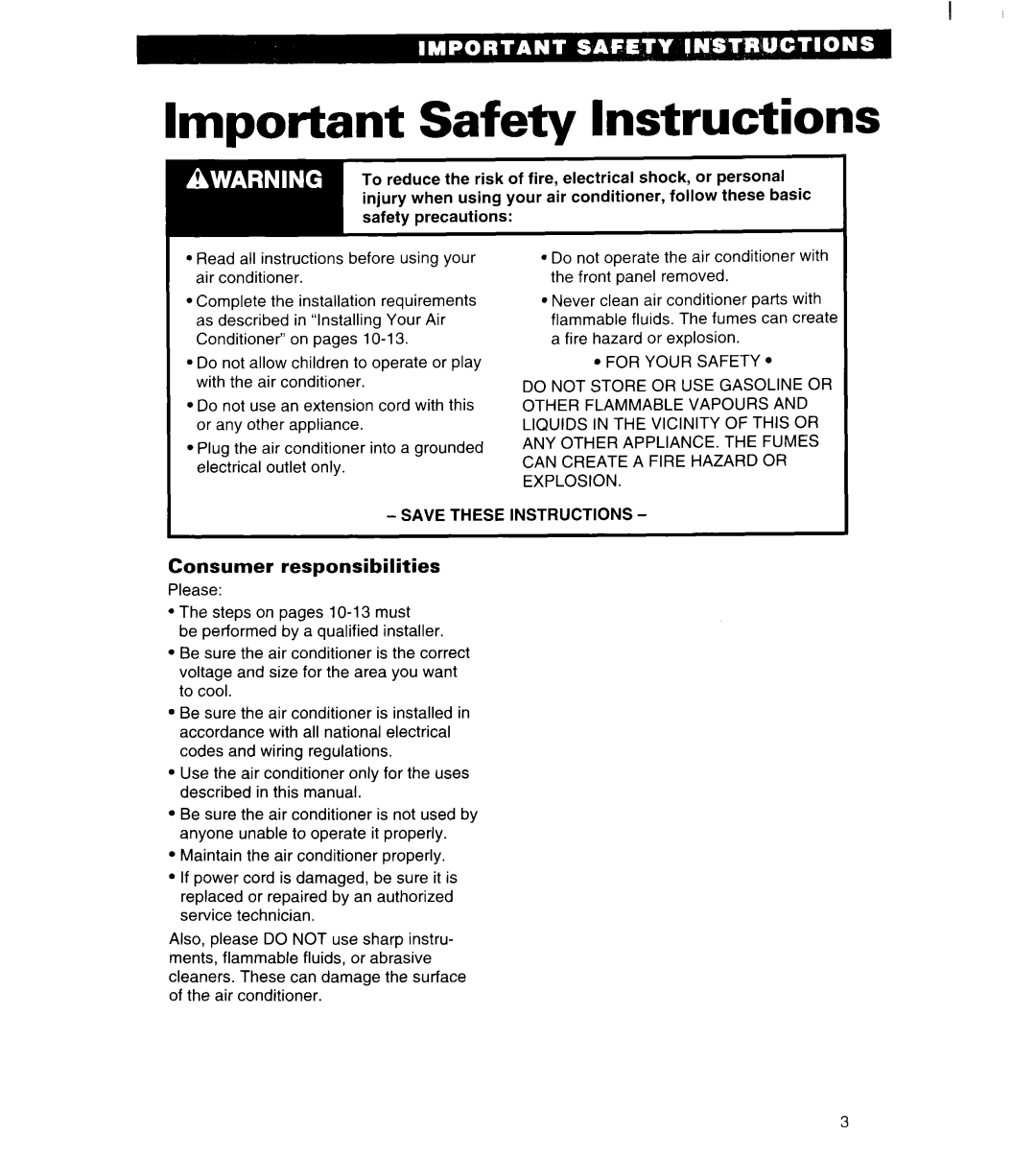 Whirlpool 3QACM07XD2 important safety instructions Important Safety Instructions, Consumer responsibilities 