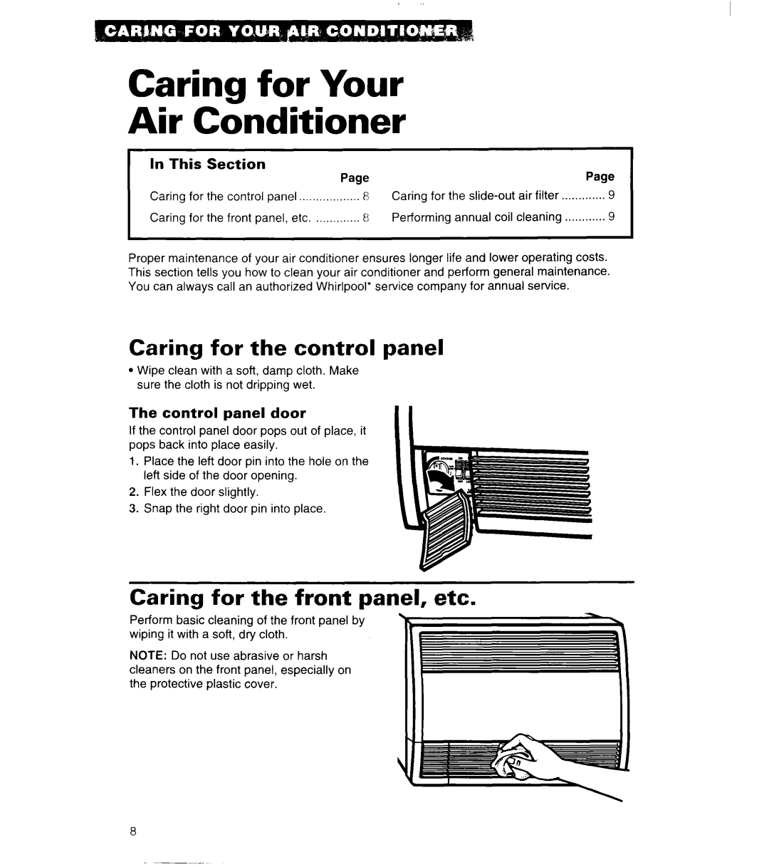 Whirlpool 3QACM07XD2 Caring for Your Air Conditioner, Caring for the control panel, Caring for the front panel, etc 
