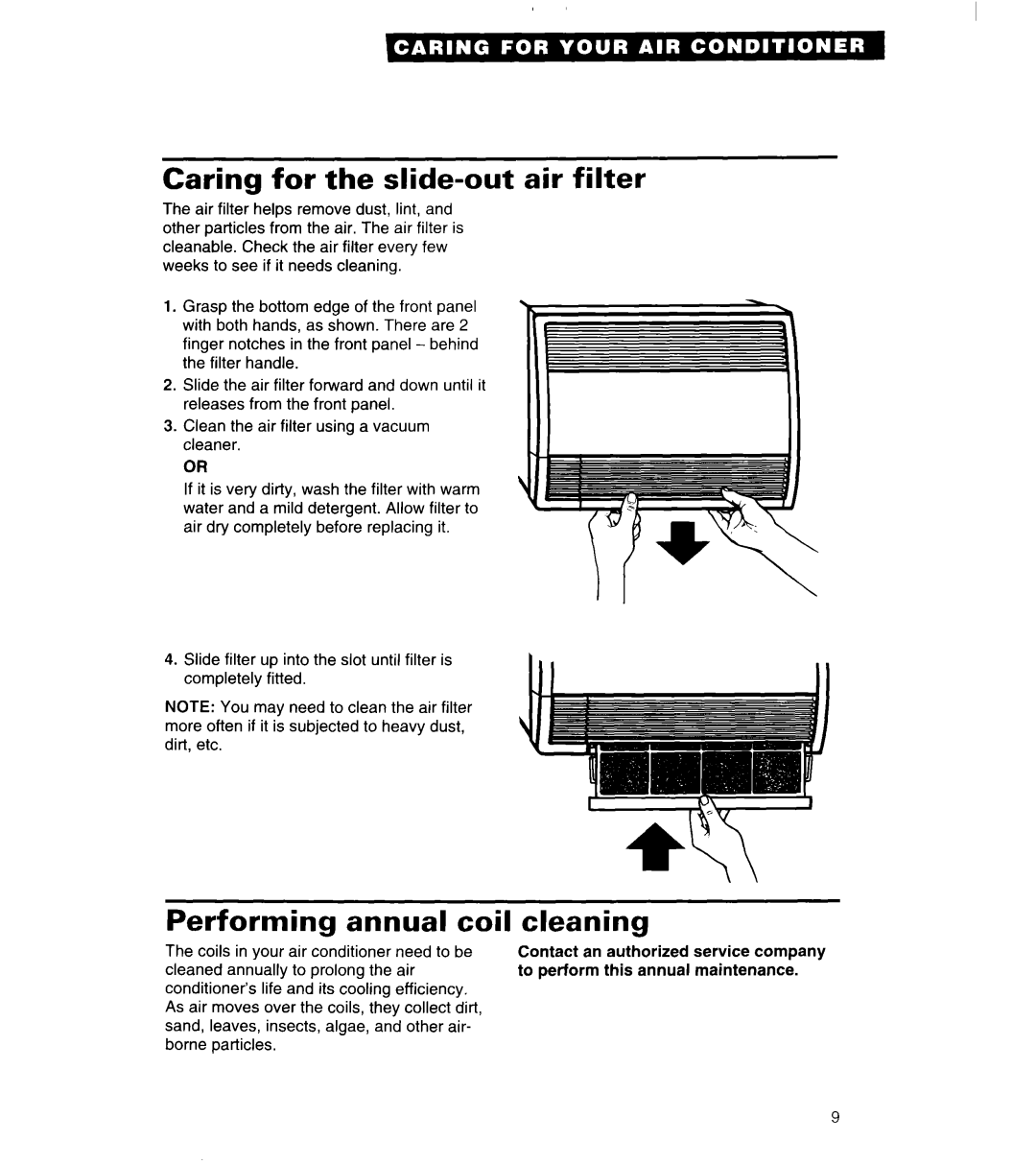 Whirlpool 3QACM07XD2 important safety instructions Caring for the slide-out, Performing annual coil, air filter cleaning 
