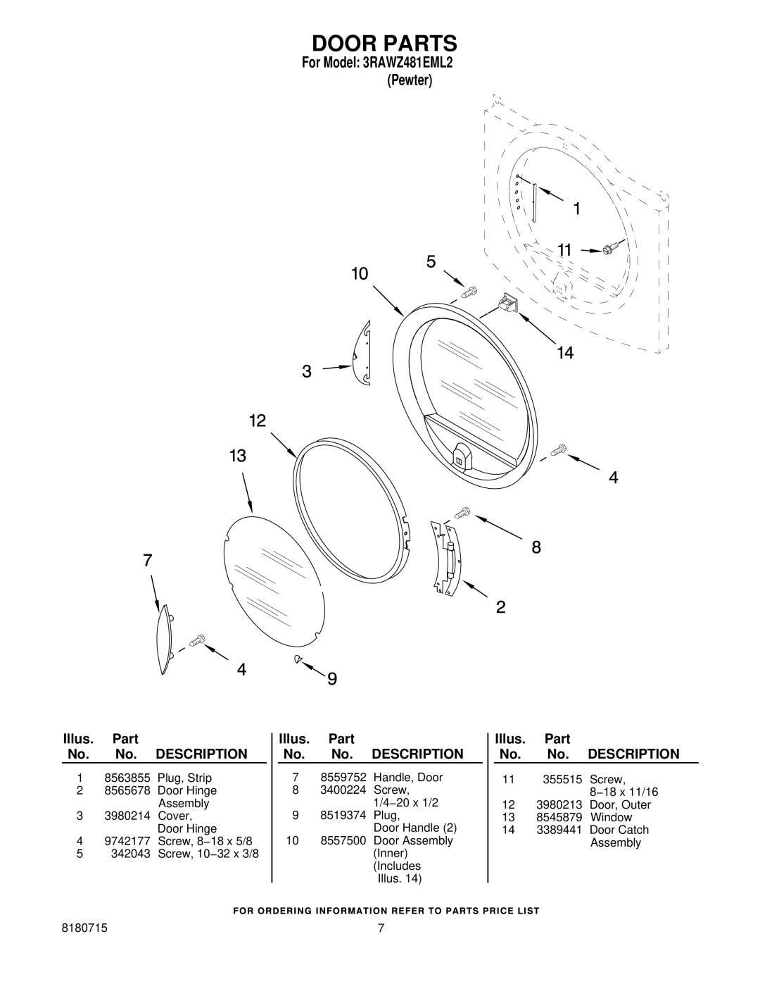 Whirlpool 3RAWZ481EML2 manual Door Parts 