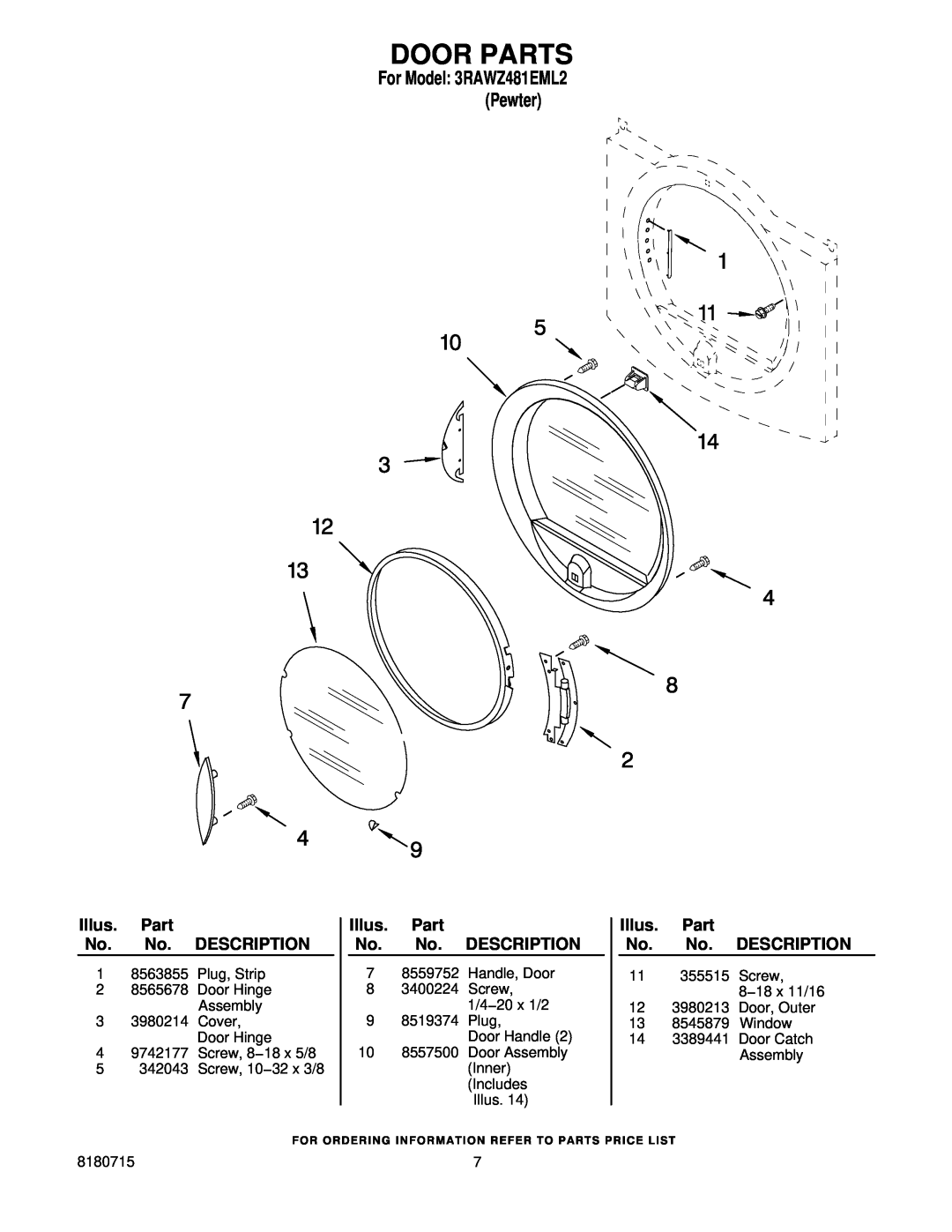 Whirlpool 3RAWZ481EML2 manual Door Parts, Illus. Part No. No. DESCRIPTION, 8 3400224 Screw, 1/4−20 x 1/2 