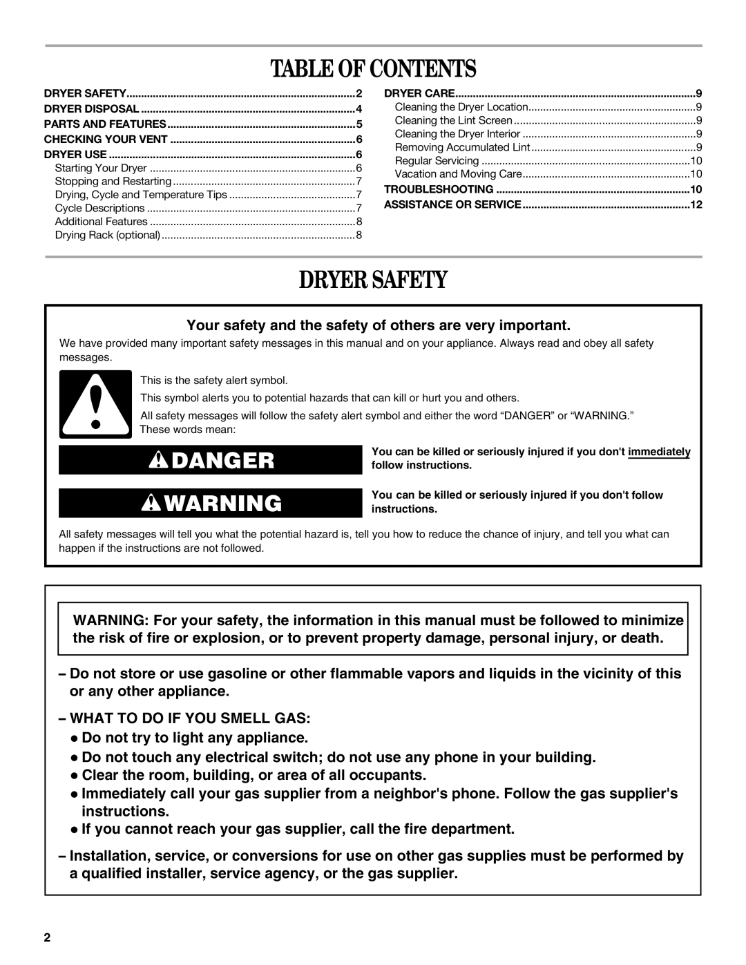 Whirlpool 3RLGR5437, 3RLER5437, 3RLEC8646, 3RLEQ8033, 3RLEC8600, 3RLEQ8000 manual Table of Contents, Dryer Safety 