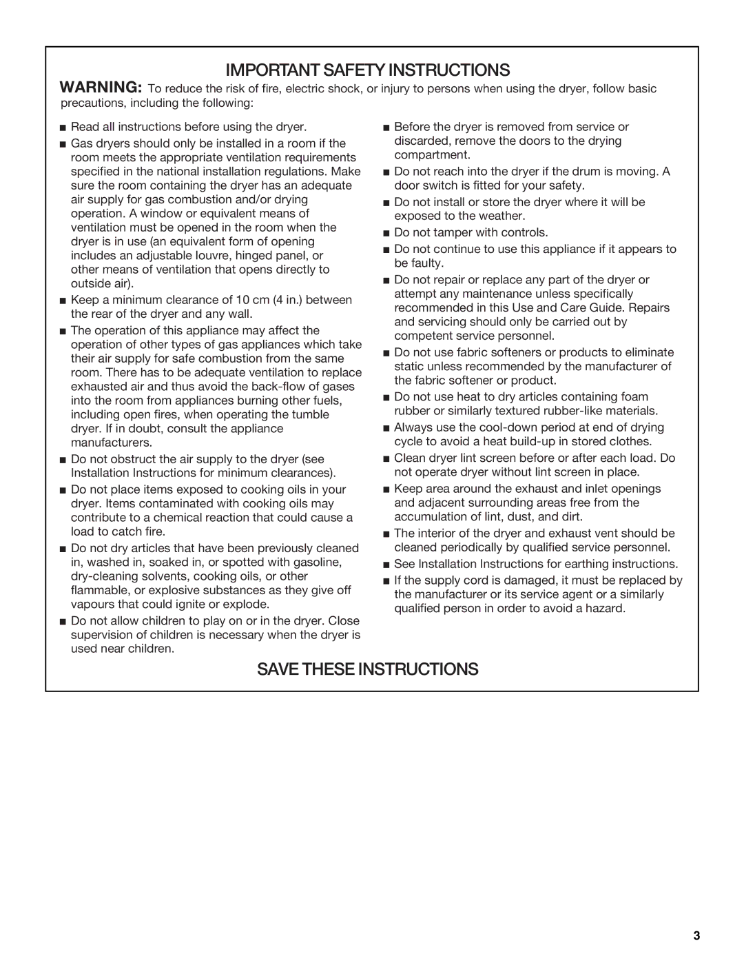 Whirlpool 3RLEQ8033, 3RLER5437, 3RLEC8646, 3RLGR5437, 3RLEC8600, 3RLEQ8000 manual Important Safety Instructions 