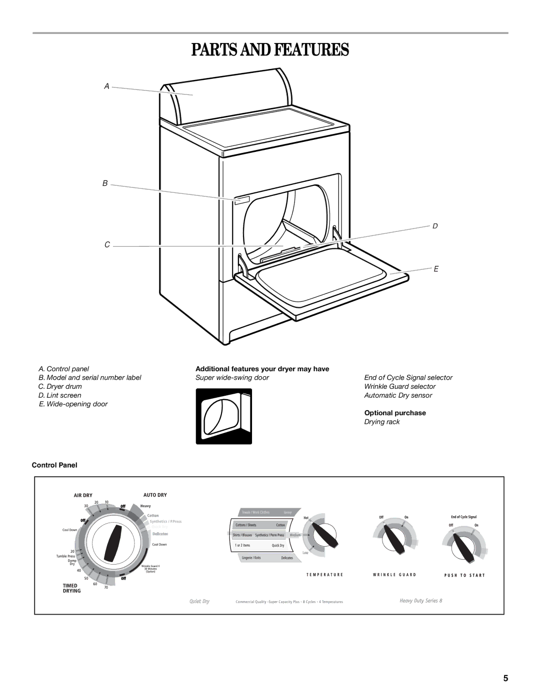 Whirlpool 3RLEQ8000, 3RLER5437, 3RLEC8646, 3RLGR5437, 3RLEQ8033 Parts and Features, Additional features your dryer may have 