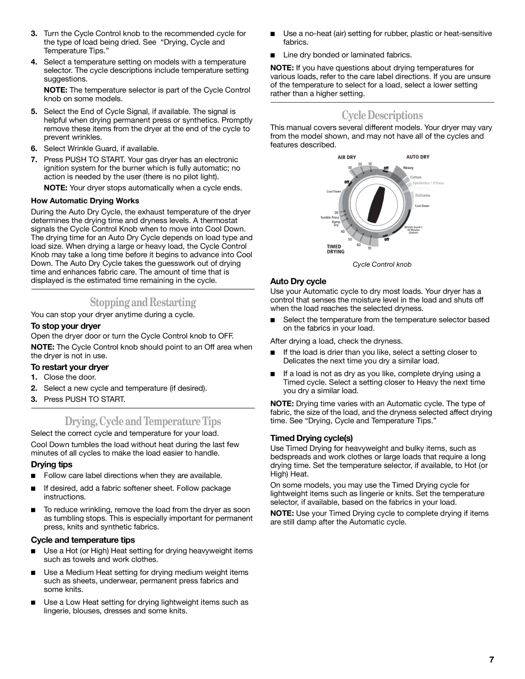 Whirlpool 3RLEC8646, 3RLER5437, 3RLGR5437 Stopping and Restarting, Drying, Cycle and Temperature Tips, Cycle Descriptions 