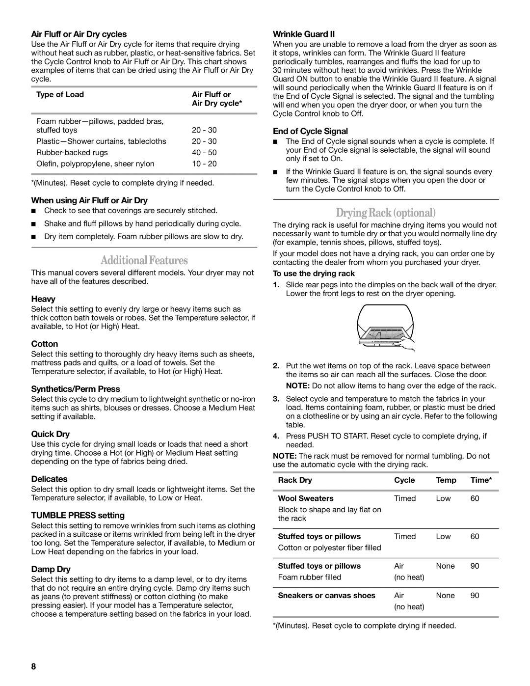 Whirlpool 3RLGR5437, 3RLER5437, 3RLEC8646, 3RLEQ8033, 3RLEC8600, 3RLEQ8000 manual Additional Features, Drying Rack optional 