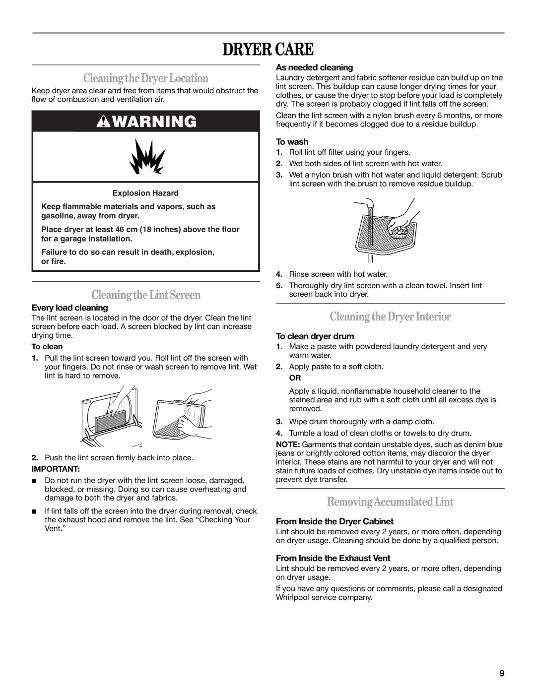 Whirlpool 3RLEQ8033 manual Dryer Care, Cleaning the Dryer Location, Cleaning the Lint Screen, Cleaning the Dryer Interior 