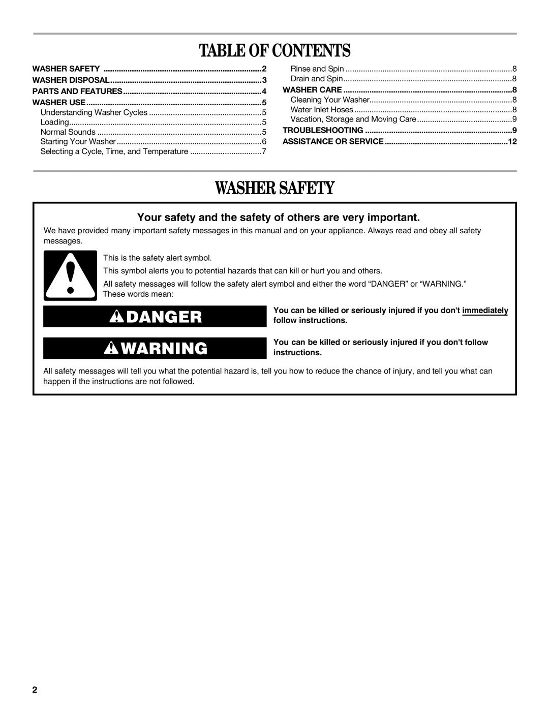 Whirlpool 3RLSQ8033 manual Table of Contents, Washer Safety 