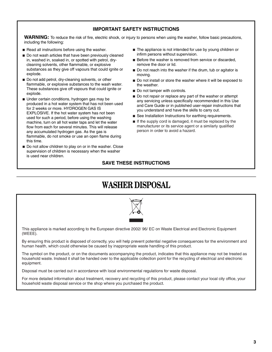 Whirlpool 3RLSQ8033 manual Washer Disposal, Important Safety Instructions 