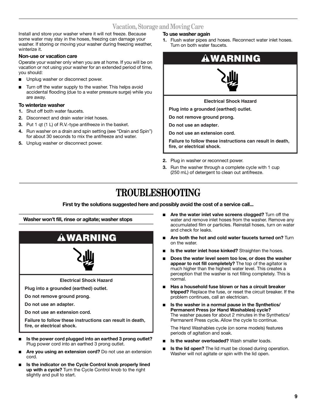 Whirlpool 3RLSQ8033 Troubleshooting, Vacation, Storage and Moving Care, To use washer again, Non-use or vacation care 