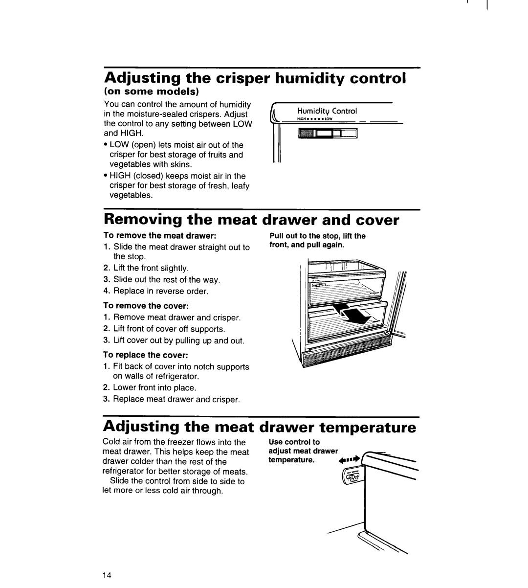 Whirlpool 3VED23DQDW00 Adjusting the crisper humidity control, Removing the meat, Drawer and cover, Adjusting the meat 