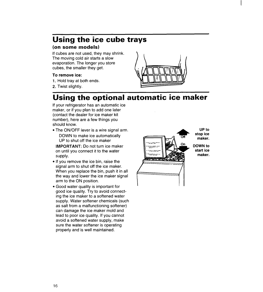 Whirlpool 3VED23DQDW00 manual Using the ice cube trays, Using the optional automatic ice maker 