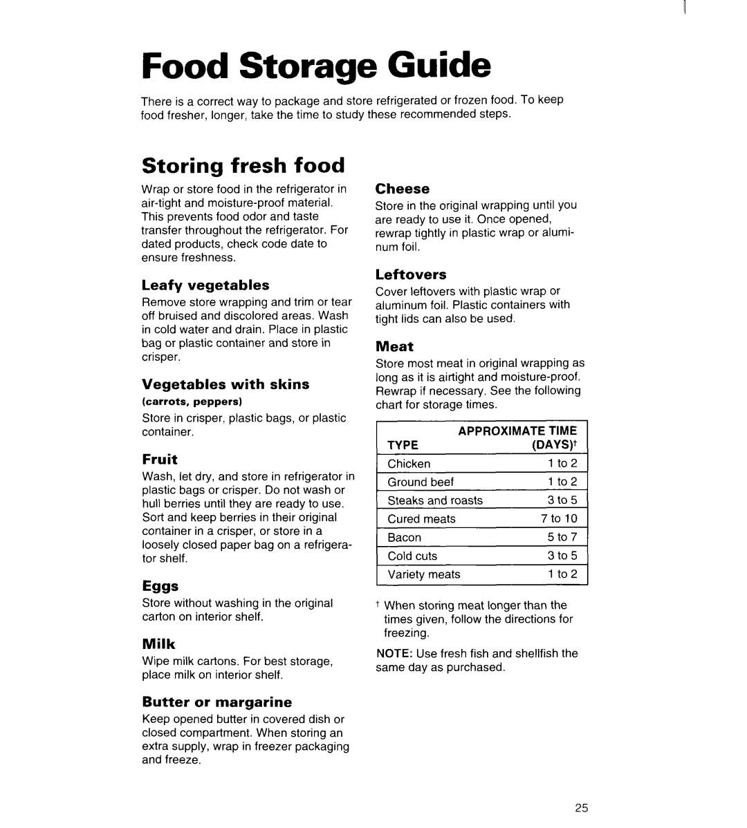 Whirlpool 3VED23DQDW00 manual Food Storage Guide, Storing fresh food 