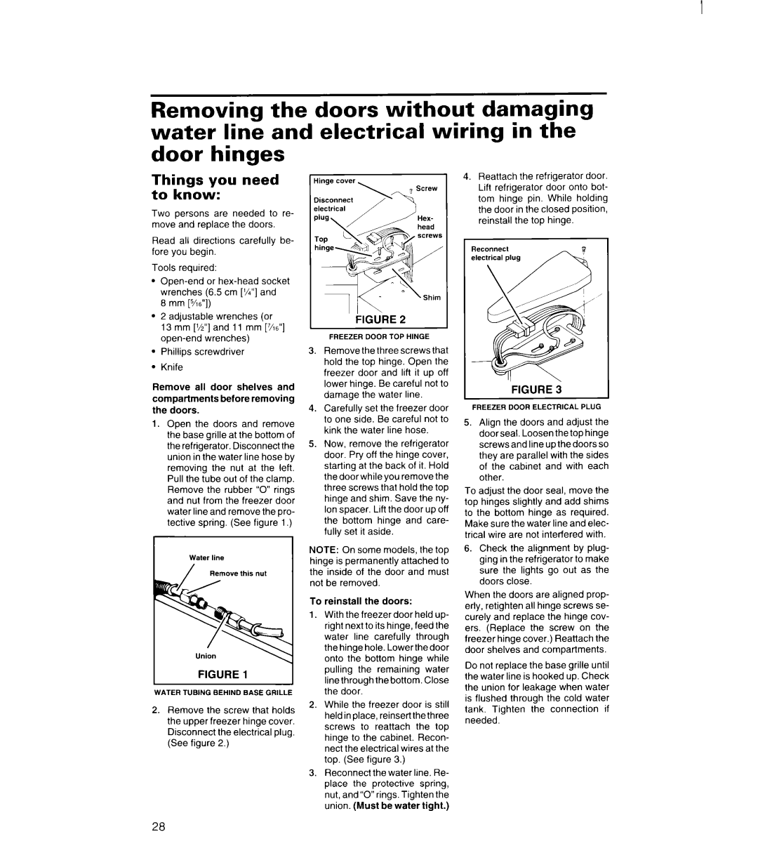 Whirlpool 3VED23DQDW00 manual Removing the water line and door hinges, Doors without damaging Electrical wiring 