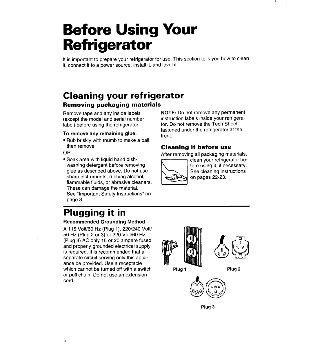 Whirlpool 3VED23DQDW00 manual Before Using Your Refrigerator, Cleaning your refrigerator, Removing packaging materials 