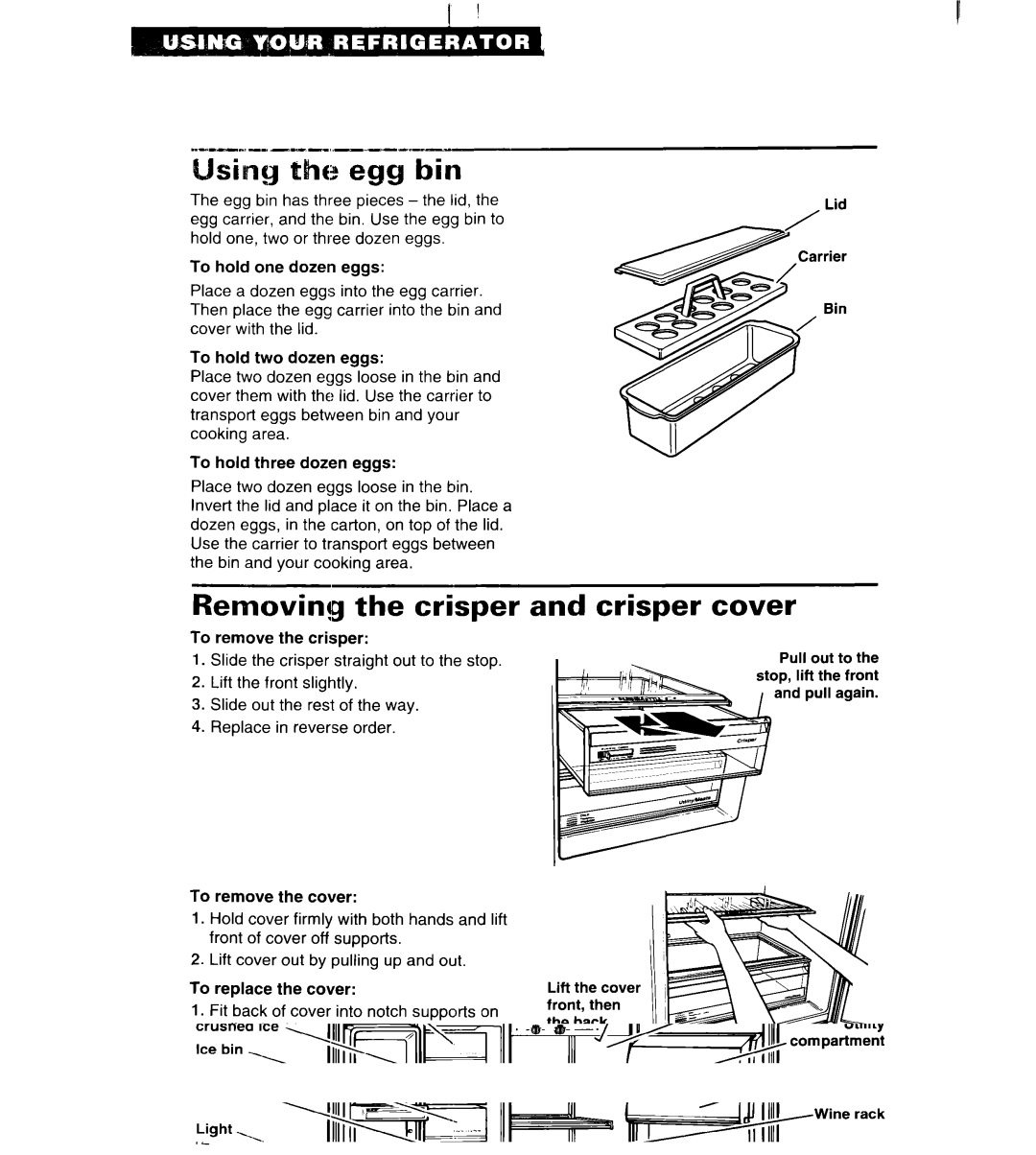 Whirlpool 3VED27DQ, 3VED23DQ important safety instructions Usiny the egg bin, Removing the crisper, Crisper cover 