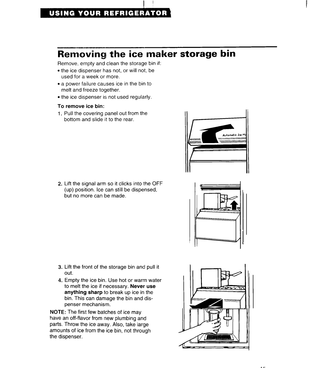 Whirlpool 3VED27DQ, 3VED23DQ important safety instructions Removing the ice maker storage bin 