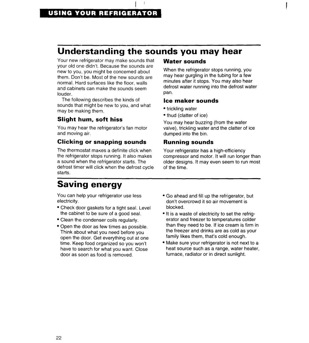 Whirlpool 3VED27DQ, 3VED23DQ important safety instructions Understalnding the sounds you may hear, Saving energy 