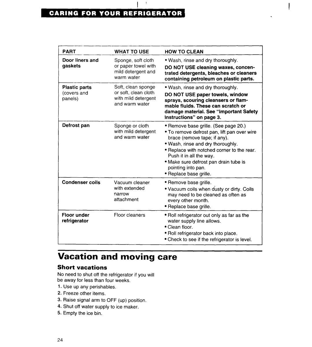 Whirlpool 3VED27DQ, 3VED23DQ important safety instructions Vacation and moving care, Short vacations 