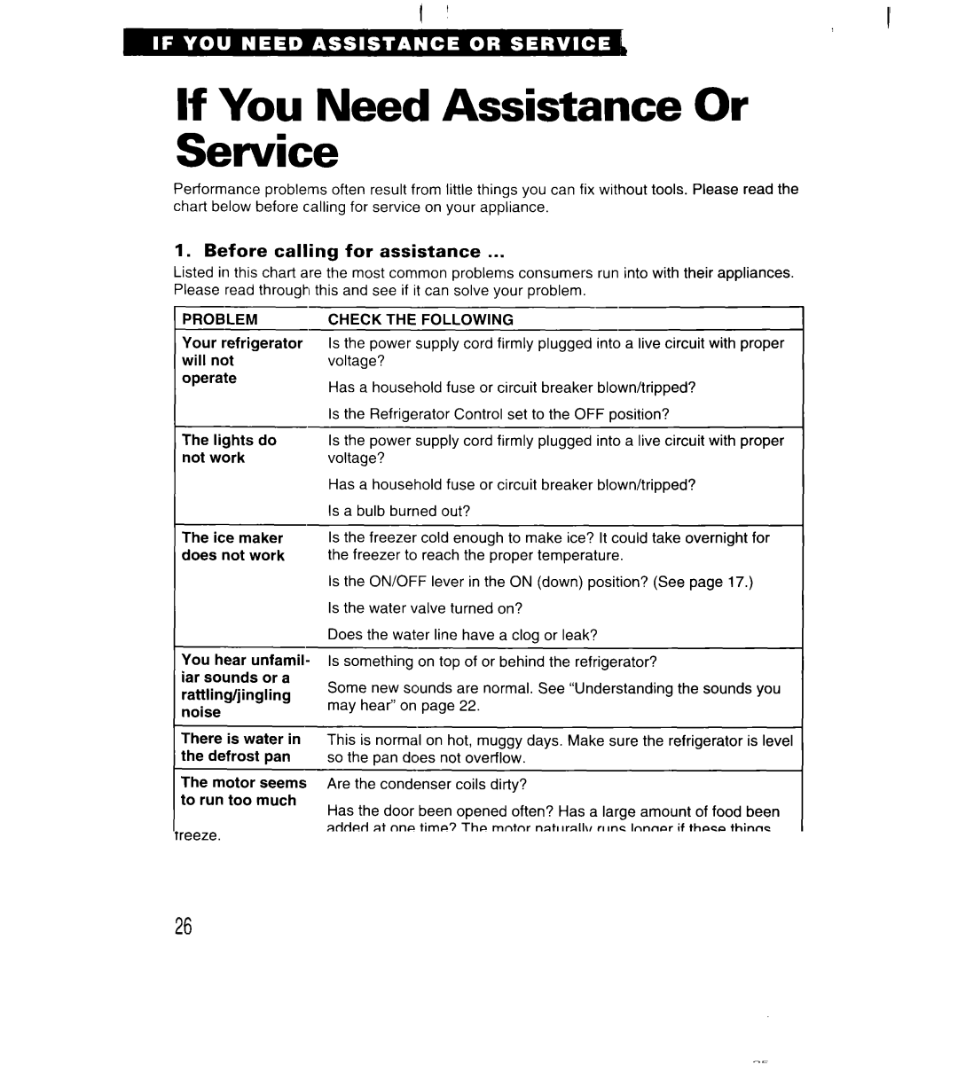 Whirlpool 3VED27DQ, 3VED23DQ If You Need Assistance Or Service, Before calling for assistance, Check the Following 