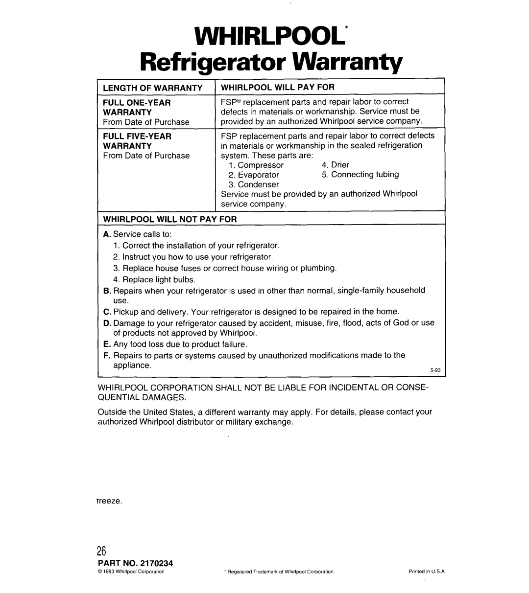 Whirlpool 3VED27DQ, 3VED23DQ Refrigerator Warranty, Length of Warranty, Whirlpool will PAY for, Whirlpool will not PAY for 