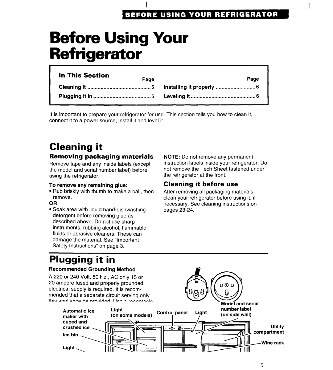 Whirlpool 3VED23DQ, 3VED27DQ important safety instructions Before Using Your Refrigerator, Cleaning it, Plugging it 