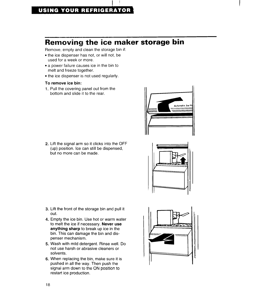 Whirlpool 3VED27DQ, 3VED23DQ important safety instructions Removing the ice maker storage bin 