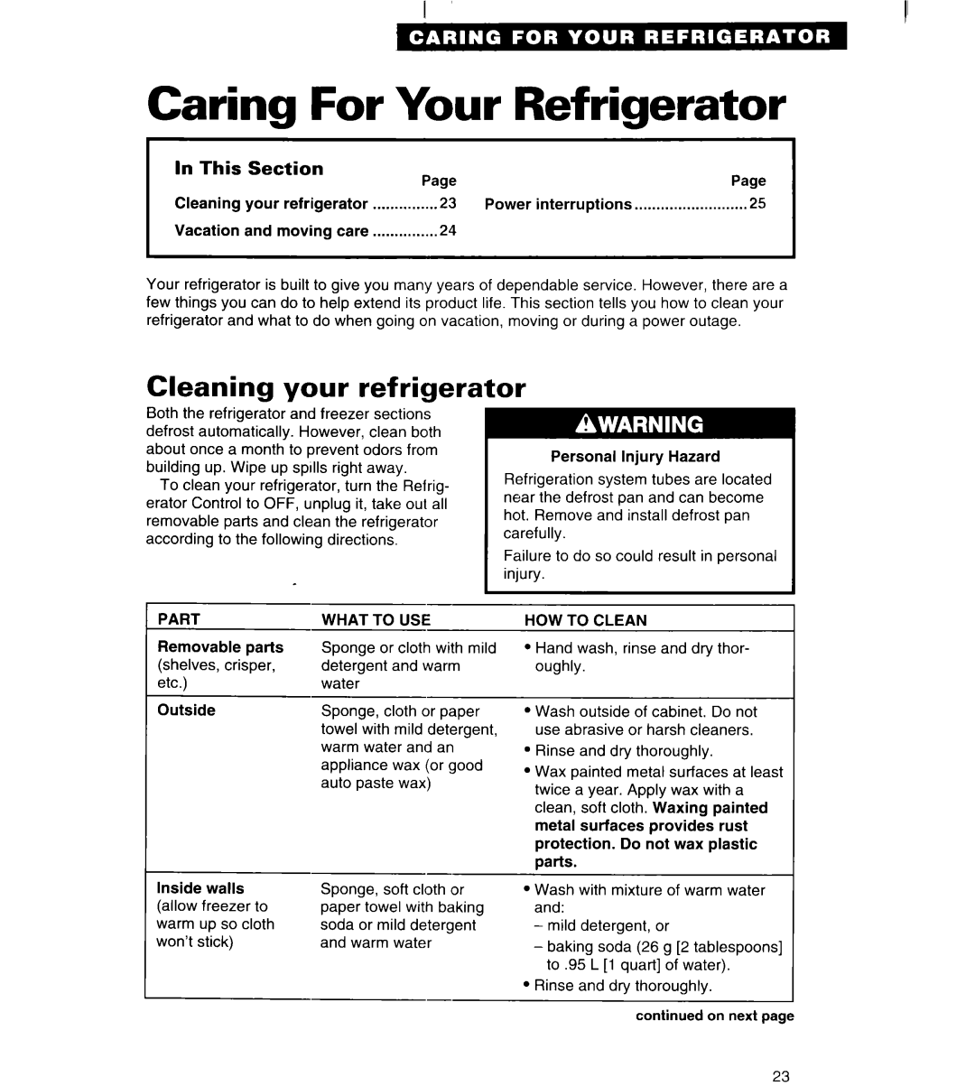 Whirlpool 3VED23DQ, 3VED27DQ Caring For Your Refrigerator, Cleaning your refrigerator, In This Section 