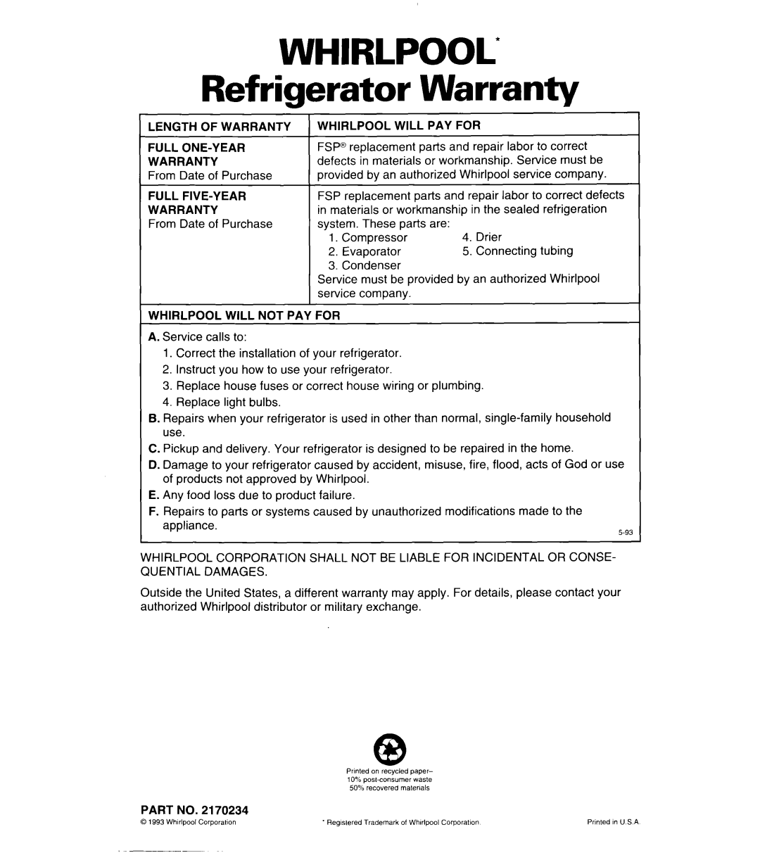 Whirlpool 3VED27DQ, 3VED23DQ important safety instructions WHIRLPOOL Refrigerator Warranty 