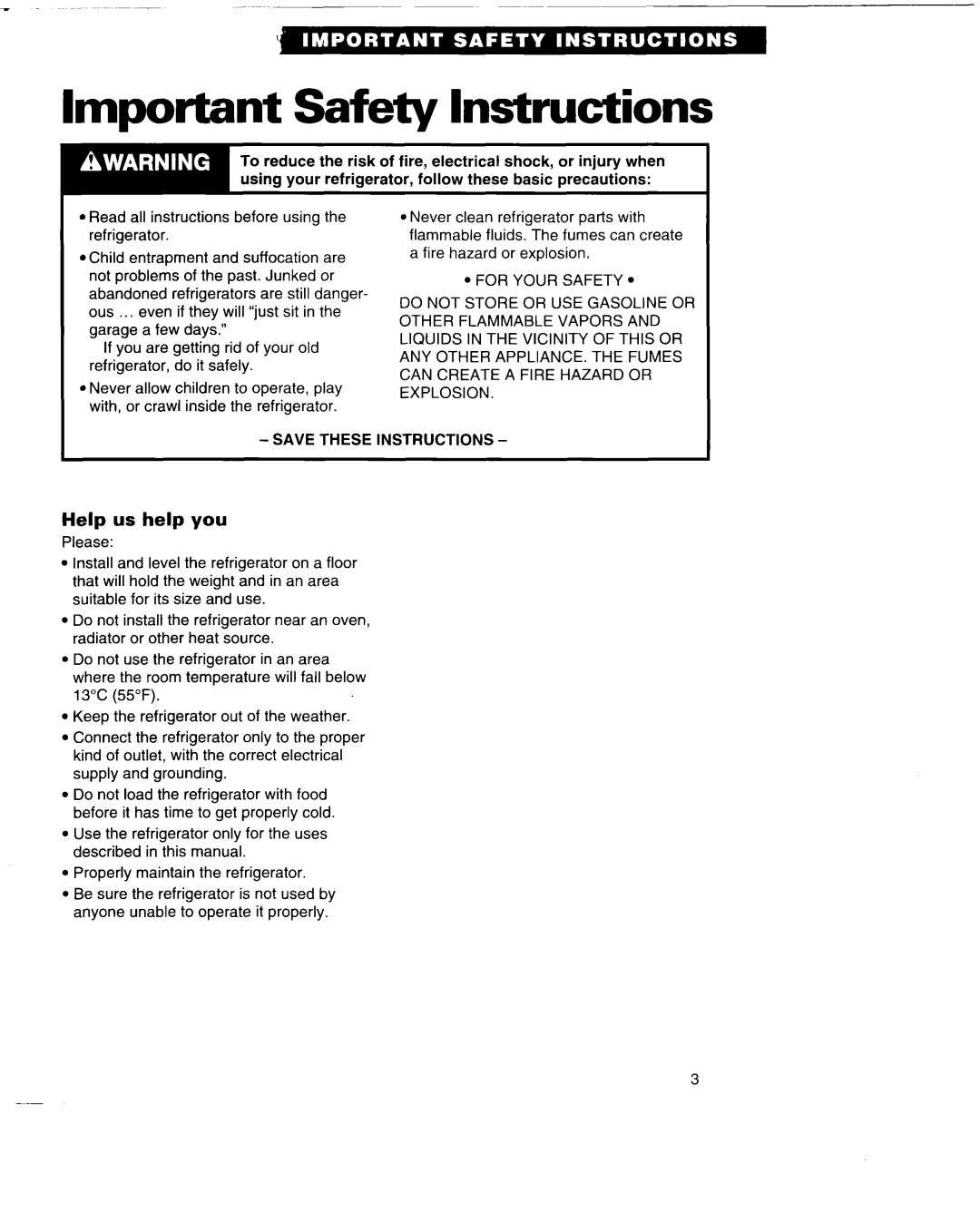 Whirlpool 3VED29DQ important safety instructions Important Safety Instructions, Help us help you 