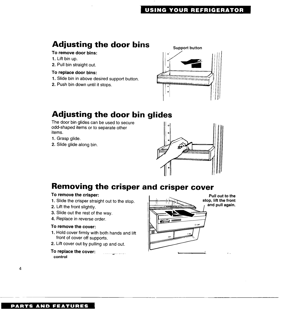 Whirlpool 3VED29DQ Adjusting the door bins, Adjusting the door bin glides, Removing the crisper and crisper cover 