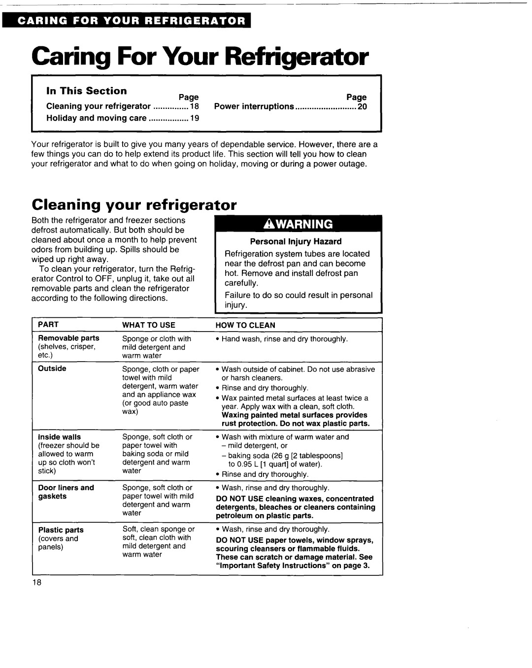 Whirlpool 3VED29DQ important safety instructions Your, Refrigerator, Cleaning your refrigerator, Caring, In This, Section 