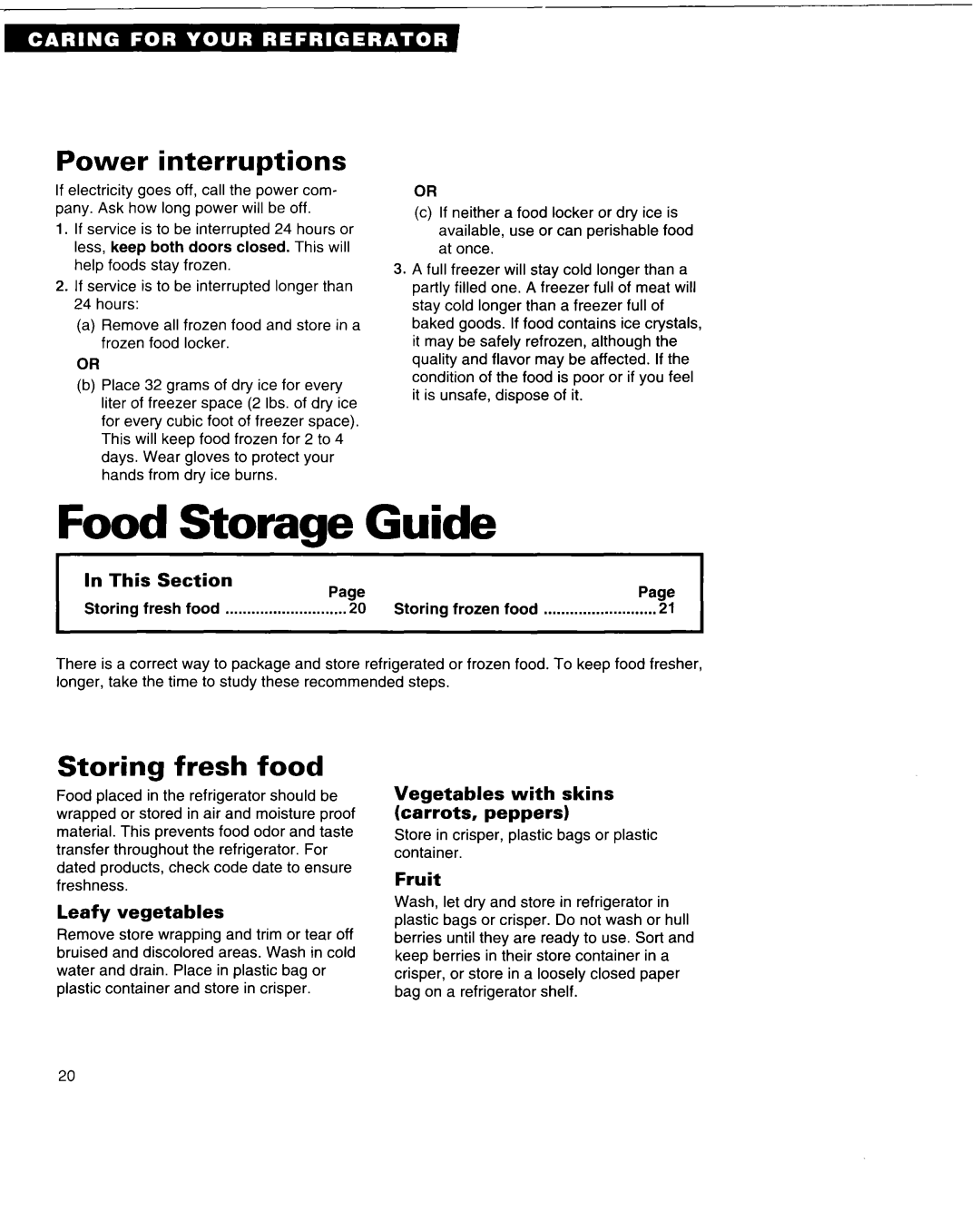 Whirlpool 3VED29DQ Food Storage Guide, Power interruptions, Storing fresh food, In This, Section, Leafy vegetables, Fruit 