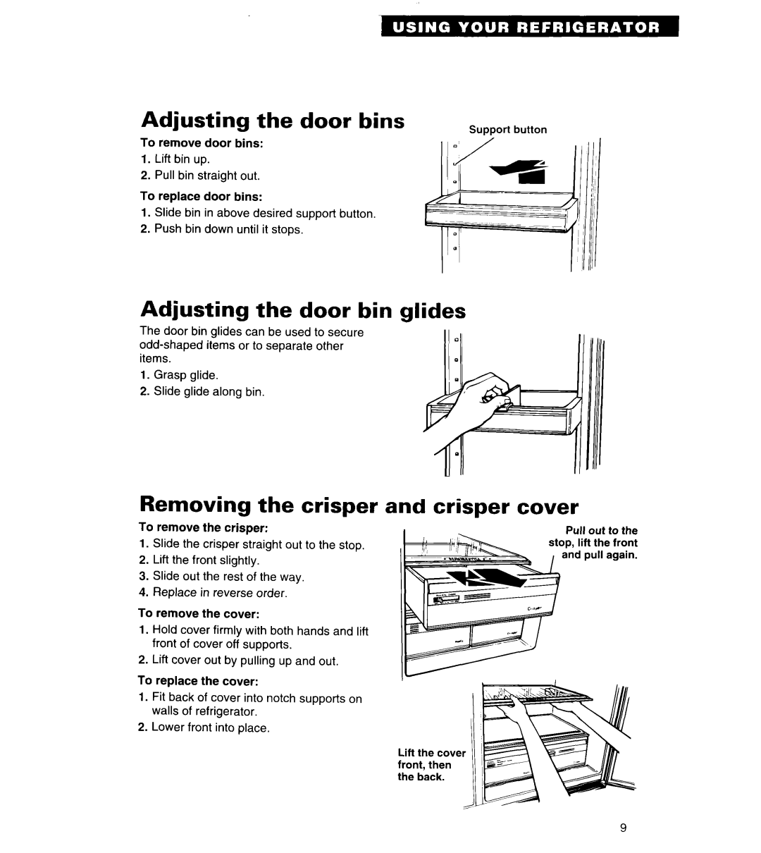 Whirlpool 3VED29DQ Adjusting the door bins, Adjusting the door bin glides, Removing the crisper and crisper cover 