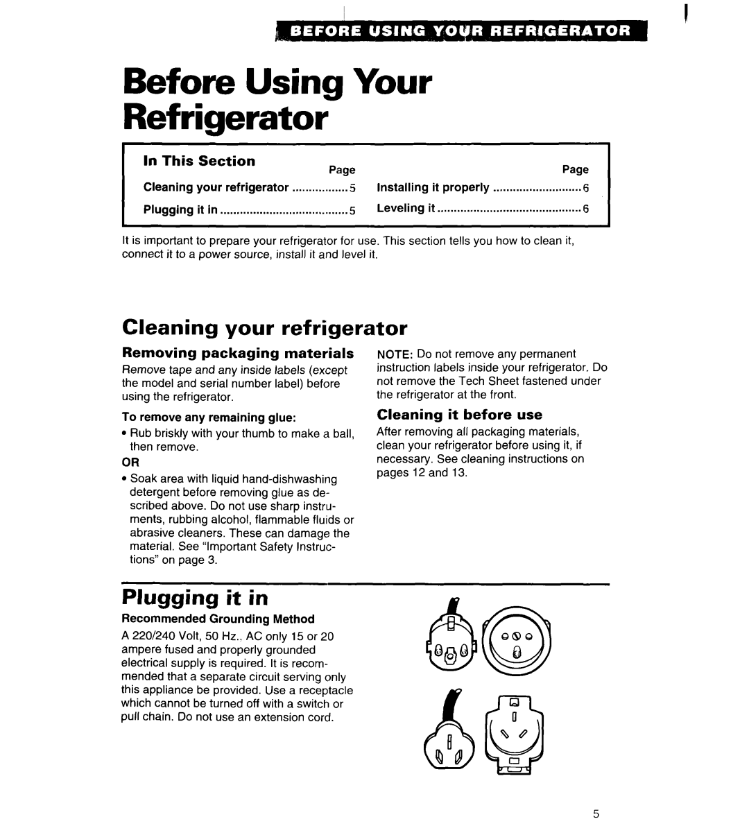 Whirlpool 3VET16GK important safety instructions Before Using Your Refrigerator, Cleaning your refrigerator, Plugging it 