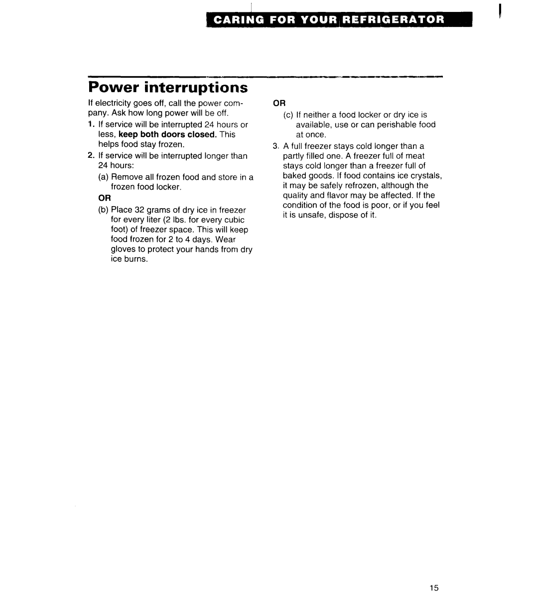 Whirlpool 3VET16GK important safety instructions Power interruptions 