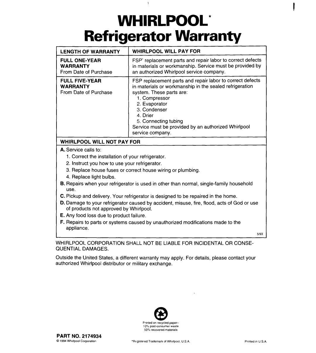 Whirlpool 3VET16GK important safety instructions WHIRLPOOL Refrigerator Warranty 