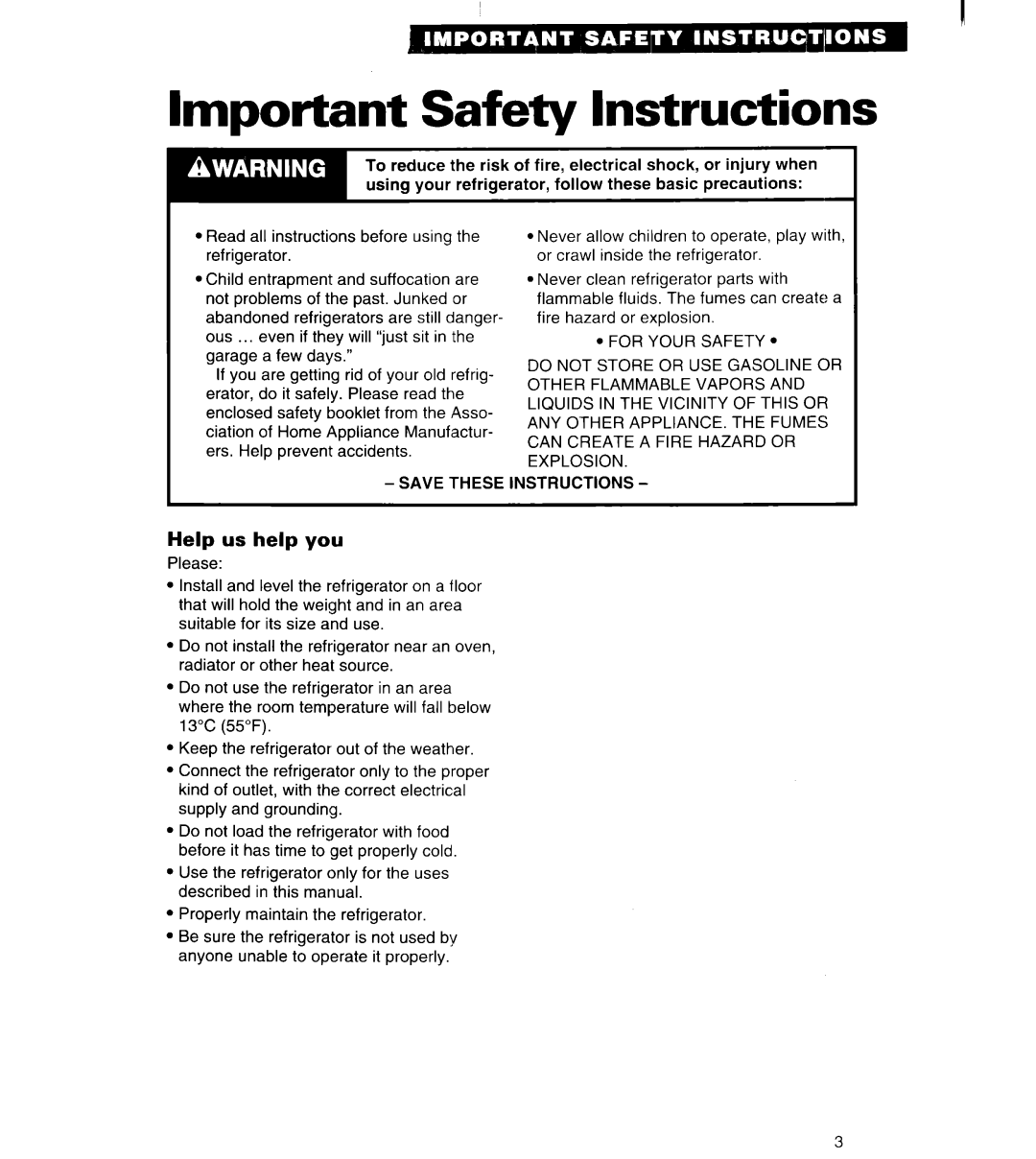 Whirlpool 3VET16GK important safety instructions Important Safety Instructions, Help us help you 