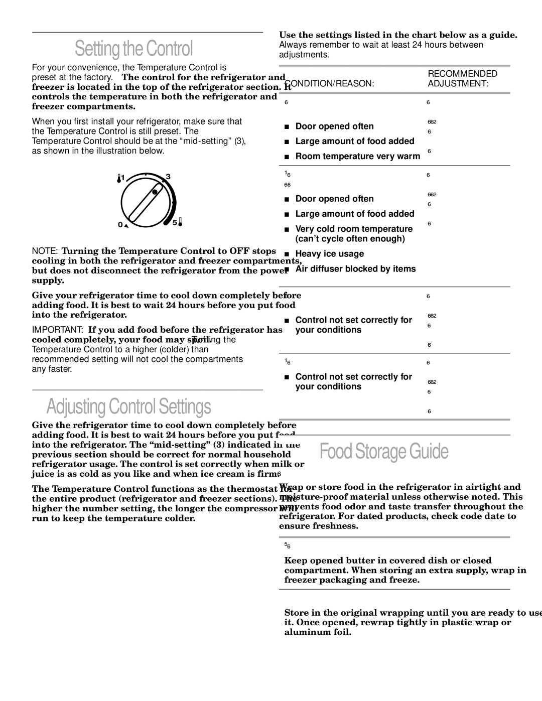 Whirlpool 3VET16GKGW01 manual Settingthe Control, FoodStorageGuide, Storing Fresh Food 