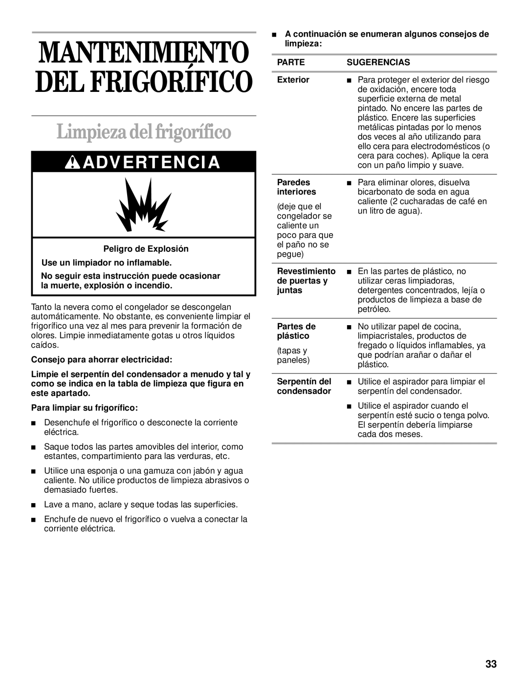 Whirlpool 3VET16GKGW01 manual Limpiezadel frigorífico, Continuación se enumeran algunos consejos de limpieza 