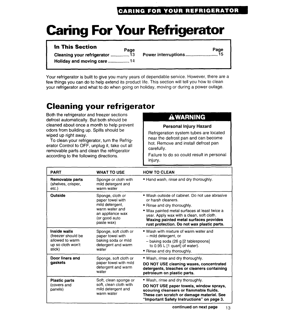 Whirlpool 3VET19ZK warranty Caring For Your Refrigerator, Cleaning your refrigerator 