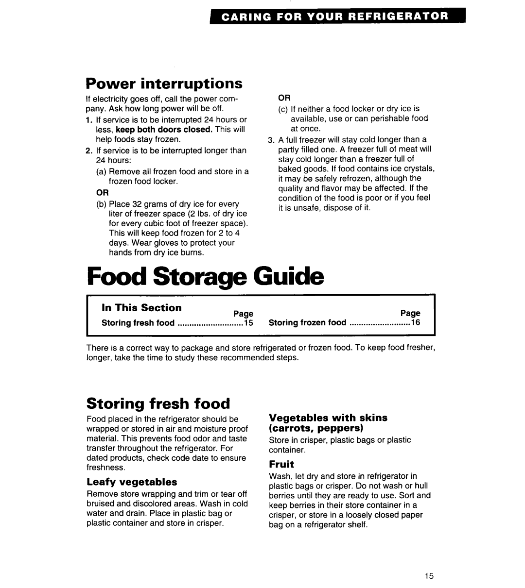 Whirlpool 3VET19ZK warranty Food Storage Guide, Power interruptions, Storing fresh food 