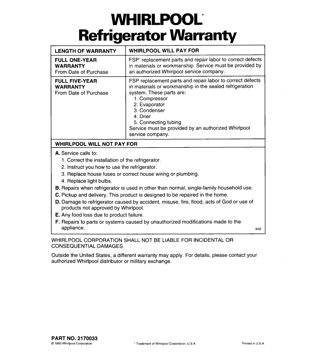 Whirlpool 3VET19ZK warranty Whirlpool, Refrigerator Warranty 