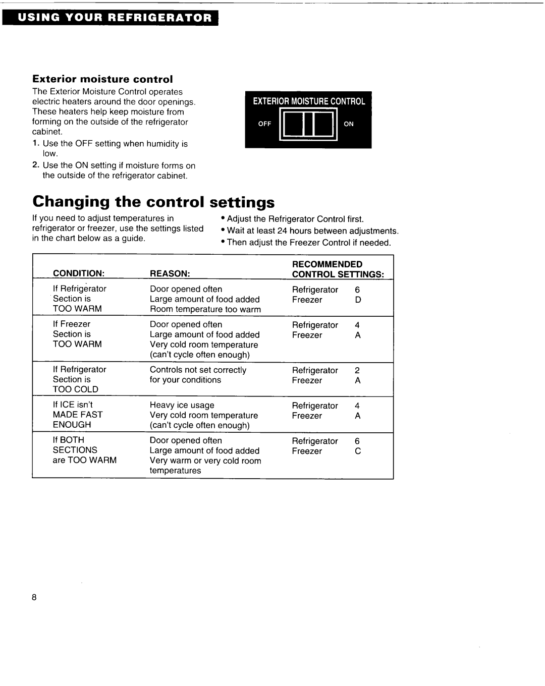 Whirlpool 3VET19ZK warranty Changing the control, Settings, Exterior moisture control 