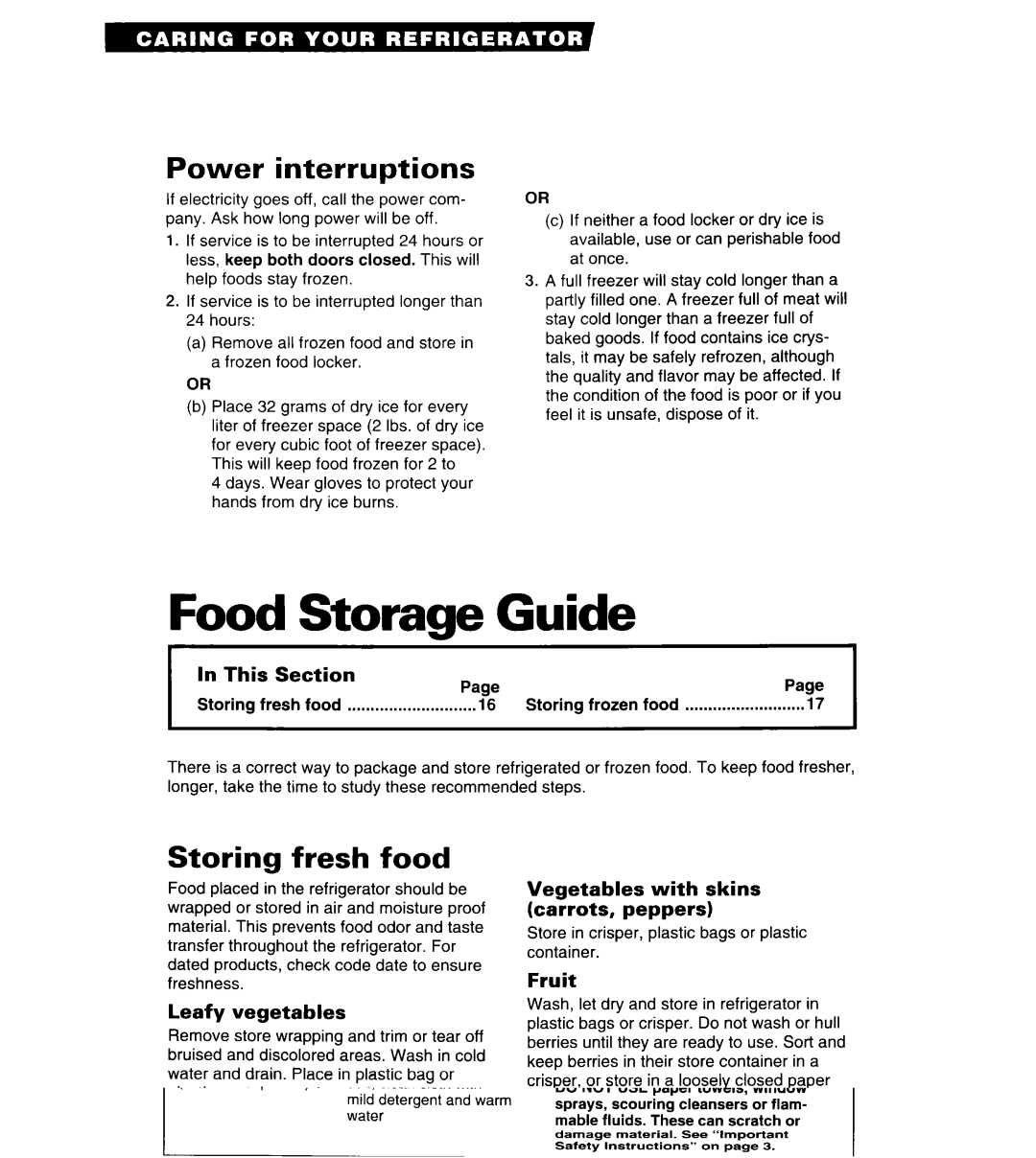 Whirlpool 3VET23DK, 3VET21DK, 3VETlSDK Food Storage Guide, Power interruptions, Storing fresh food 