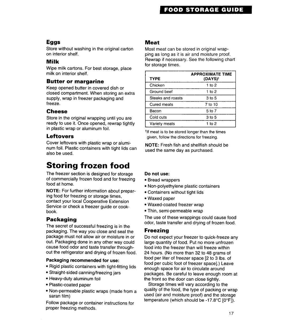 Whirlpool 3VETlSDK, 3VET21DK, 3VET23DK important safety instructions Storing frozen food 