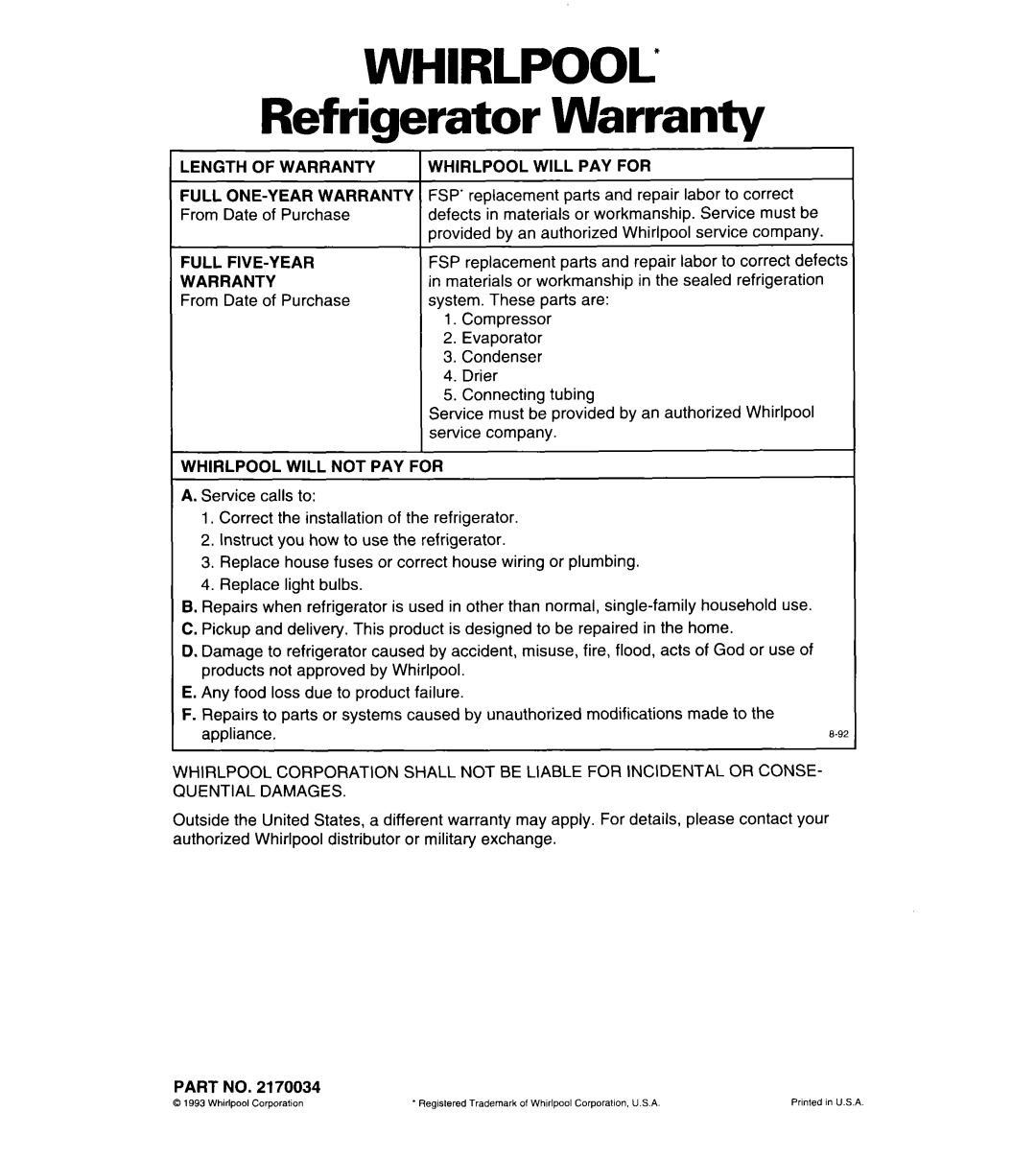 Whirlpool 3VETlSDK, 3VET21DK, 3VET23DK important safety instructions Whirlpool, Refrigerator Warranty 