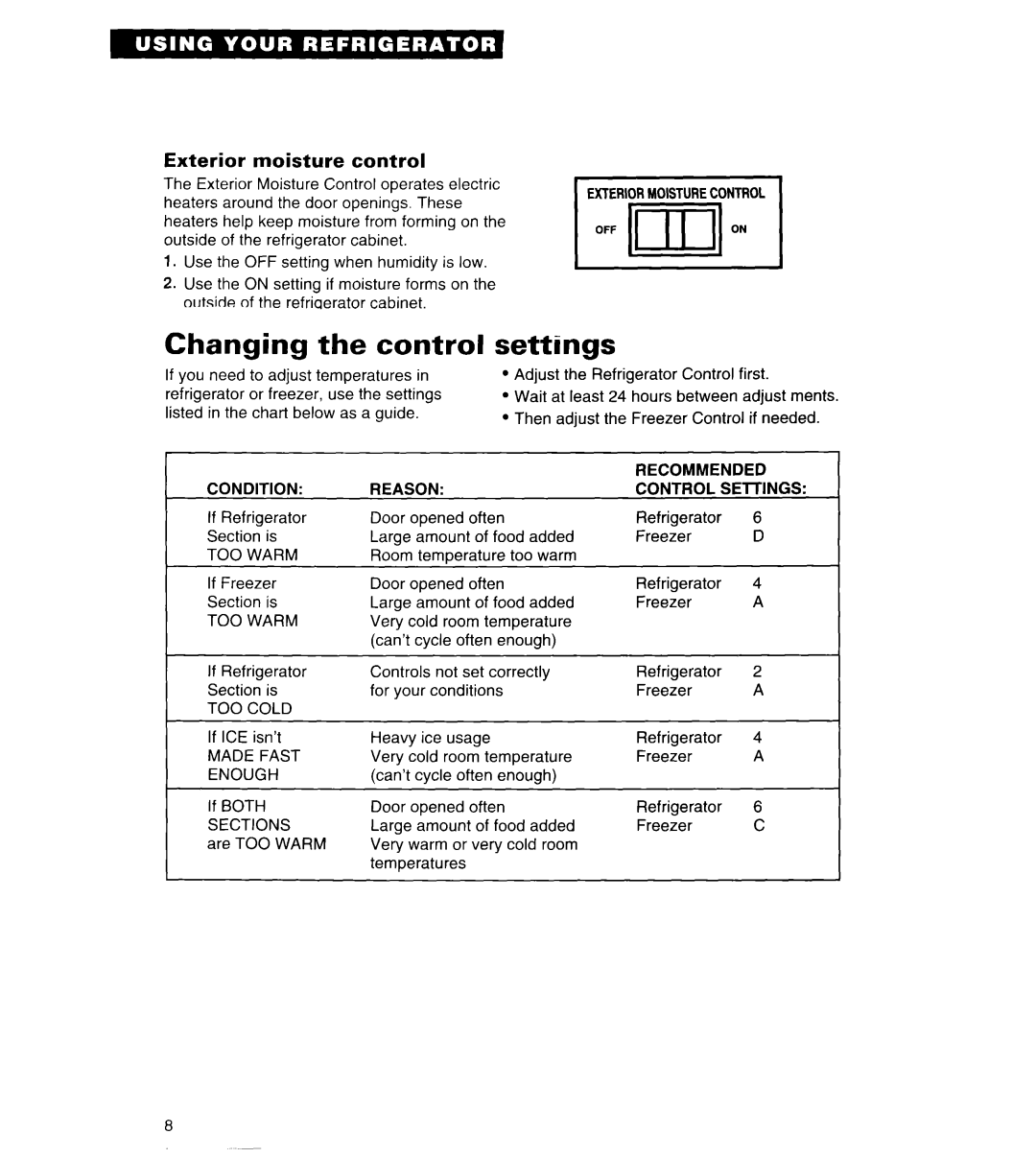 Whirlpool 3VETlSDK, 3VET21DK, 3VET23DK Changing the control, Settings, Exterior moisture control 